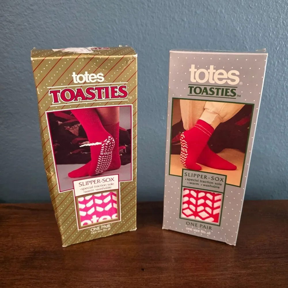Vintage Totes Toasties 1991 Women Slipper Sox Socks NIB Traction Sole RED & PINK